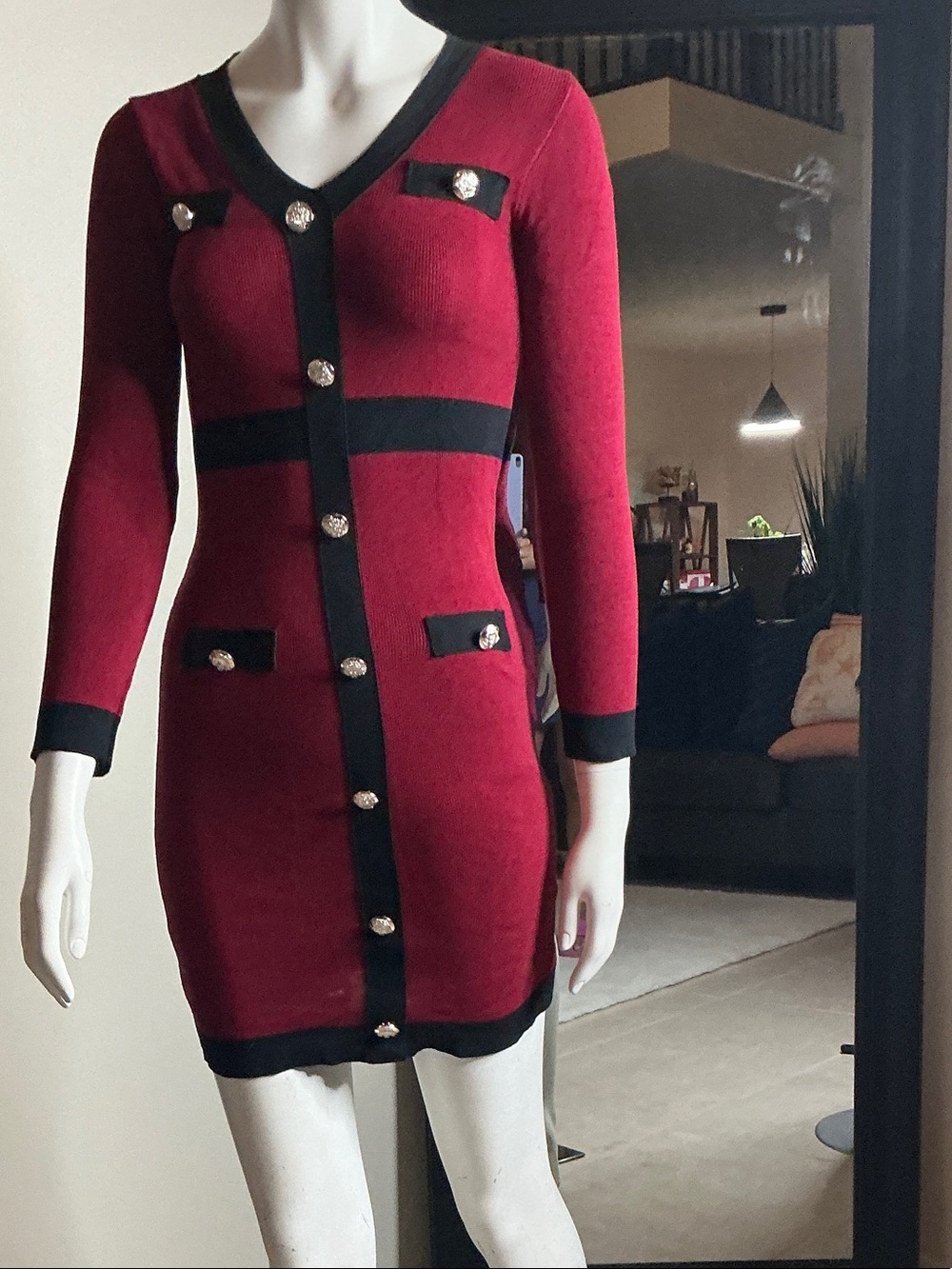 Red Long-Sleeve Knit Button-Front Dress with Black Trim